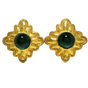 CHANEL Gold/Green Gripoix Glass Clip-on Earrings, authentic + COA $1899
